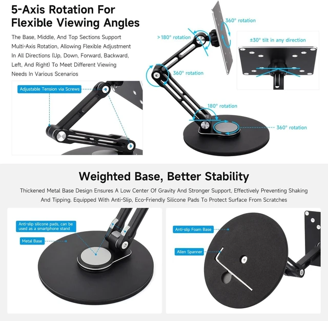 Alt view image 5 of 7 - Waveshare VESA Portable Monitor Adjustable Stand, Compatible with Monitors Up to 19 Inches, Multi-Axis Rotation, Ergonomic Design with Weighted Base, Foldable for Easy Storage