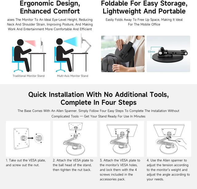 Alt view image 6 of 7 - Waveshare VESA Portable Monitor Adjustable Stand, Compatible with Monitors Up to 19 Inches, Multi-Axis Rotation, Ergonomic Design with Weighted Base, Foldable for Easy Storage