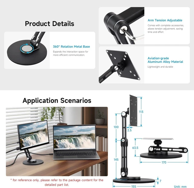Alt view image 7 of 7 - Waveshare VESA Portable Monitor Adjustable Stand, Compatible with Monitors Up to 19 Inches, Multi-Axis Rotation, Ergonomic Design with Weighted Base, Foldable for Easy Storage