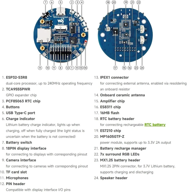Alt view image 7 of 7 - Waveshare ESP32-S3 AI Smart Speaker Development Board, Dual Microphones, Noise Reduction, RGB Lighting, External Display & Camera Support, with 3.7V MX1.25 Lithium BAT
