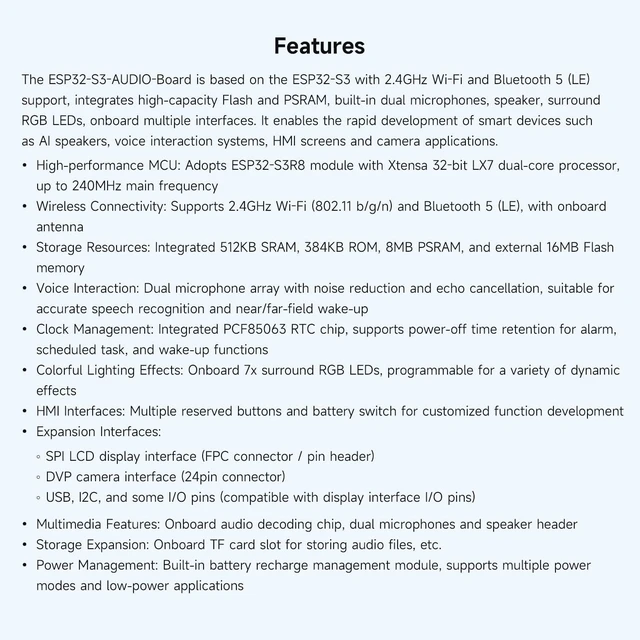 Alt view image 4 of 7 - Waveshare ESP32-S3 AI Smart Speaker Development Board, Dual Microphones, Noise Reduction, RGB Lighting, External Display & Camera Support, with 3.7V MX1.25 Lithium BAT