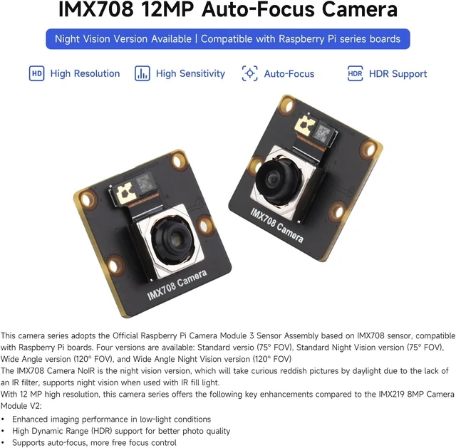 Alt view image 3 of 7 - Waveshare IMX708 12MP High Resolution Camera Module, Featuring High Dynamic Range, Basic Version with 75° FOV, Night Vision Support