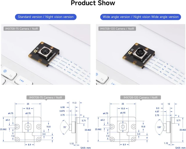 Alt view image 7 of 7 - Waveshare IMX708 12MP High Resolution Camera Module, Featuring High Dynamic Range, Basic Version with 75° FOV, Night Vision Support