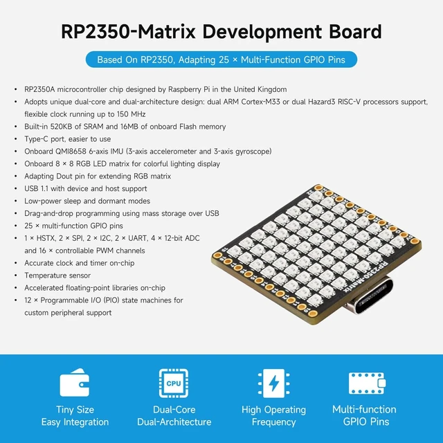 Alt view image 3 of 6 - Waveshare RP2350-Matrix Microcontroller Development Board, Dual-Core, Dual-Architecture Design, Onboard 6-Axis Sensor, and 8x8 RGB LED Matrix for Colorful Lighting Displays