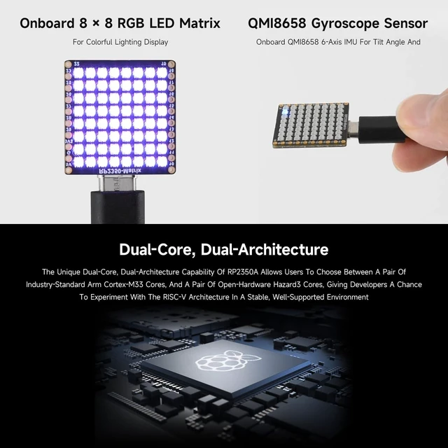 Alt view image 4 of 6 - Waveshare RP2350-Matrix Microcontroller Development Board, Dual-Core, Dual-Architecture Design, Onboard 6-Axis Sensor, and 8x8 RGB LED Matrix for Colorful Lighting Displays