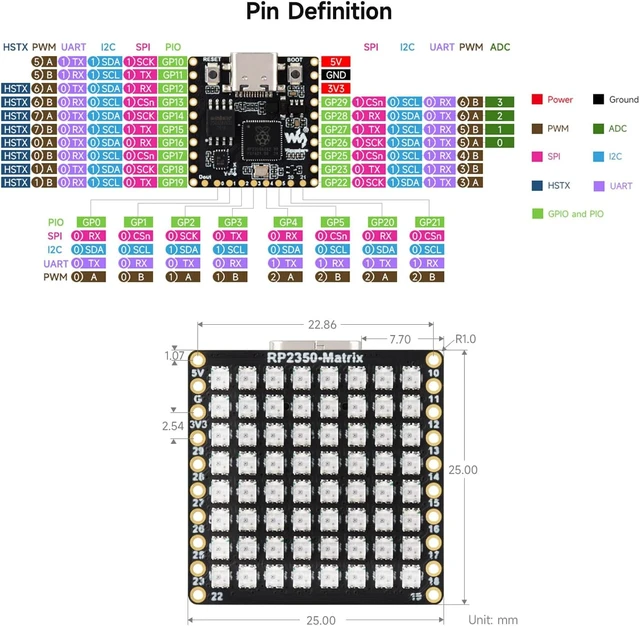 Alt view image 6 of 6 - Waveshare RP2350-Matrix Microcontroller Development Board, Dual-Core, Dual-Architecture Design, Onboard 6-Axis Sensor, and 8x8 RGB LED Matrix for Colorful Lighting Displays