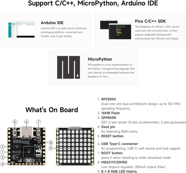 Alt view image 5 of 6 - Waveshare RP2350-Matrix Microcontroller Development Board, Dual-Core, Dual-Architecture Design, Onboard 6-Axis Sensor, and 8x8 RGB LED Matrix for Colorful Lighting Displays