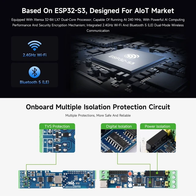 Alt view image 5 of 7 - Waveshare Industrial ESP32-S3 Control Board with RS485 and CAN Communication Interfaces, Wi-Fi/Bluetooth Support, Built-in Multiple Protection Circuits
