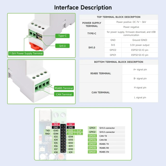 Alt view image 7 of 7 - Waveshare Industrial ESP32-S3 Control Board with RS485 and CAN Communication Interfaces, Wi-Fi/Bluetooth Support, Built-in Multiple Protection Circuits