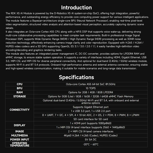 Alt view image 4 of 7 - waveshare D-Robotics RDK X5 AI Module, 10 Tops Computing Power, Integrated Octa-core Cortex A55 CPU, with Wireless, 4GB RAM and 32GB eMMC Flash