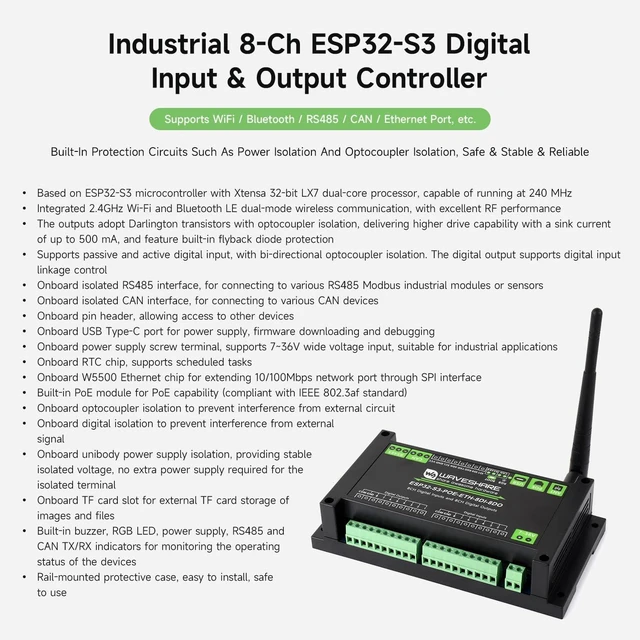 Alt view image 3 of 7 - Waveshare Industrial ESP32-S3 Control Board with 8-Channel Digital Input & Output, Built-in Xtensa 32-bit LX7 Dual-core Processor, Up to 240MHz, with Multiple Isolation Protection Circuits