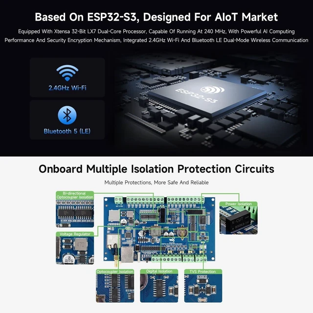 Alt view image 5 of 7 - Waveshare Industrial ESP32-S3 Control Board with 8-Channel Digital Input & Output, Built-in Xtensa 32-bit LX7 Dual-core Processor, Up to 240MHz, with Multiple Isolation Protection Circuits