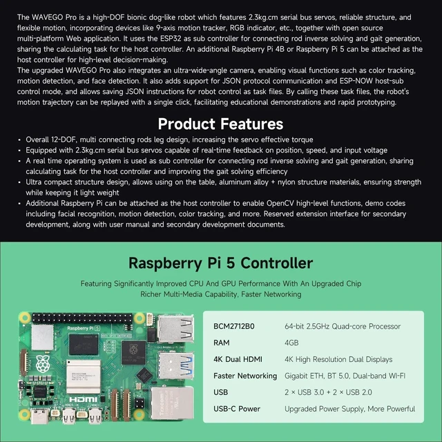 Alt view image 4 of 7 - Waveshare WAVEGO Pro 12-DOF Bionic Dog-Like Robot, Open Source for ESP32 and Raspberry Pi, Supports ESP-Now Host-Sub Control Mode, Bundle with Raspberry Pi Extension Pack