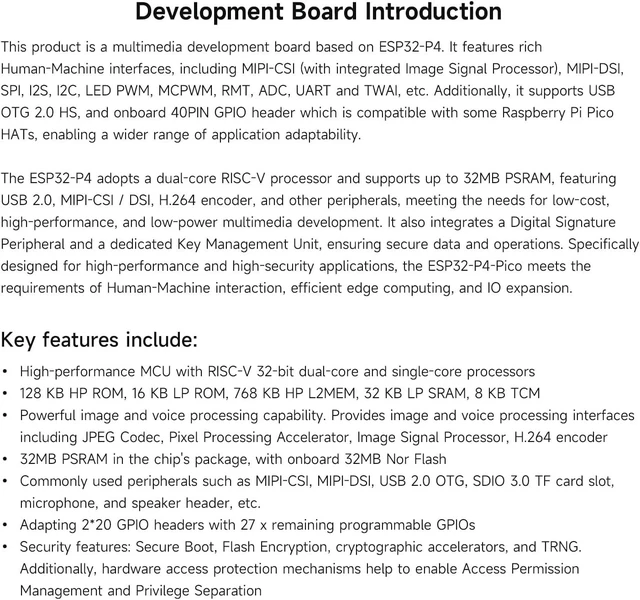 Alt view image 4 of 7 - Waveshare ESP32-P4-Pico High-Performance Development Board, Featuring ESP32-P4, RISC-V Dual-Core and Single-Core Processors, and Advanced Human-Machine Interfaces, Bundle with Speaker and Camera