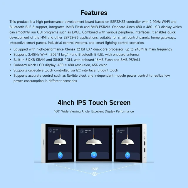 Alt view image 4 of 7 - Waveshare ESP32-S3 Smart 86 Box Development Board, Support 2.4GHz Wi-Fi & Bluetooth BLE 5, Onboard 4inch 480 × 480 Pixel Touch Display, 5-Point Touch, RGB Interface