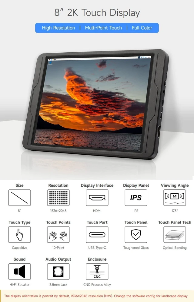 Alt view image 3 of 7 - Waveshare 8inch 1536x2048 LCD Display, 2K HIgh Resolution, Capacitive Touch Screen, IPS, Optical Bonding, High Compatibility for Raspberry Pi, Jetson Nano and PC