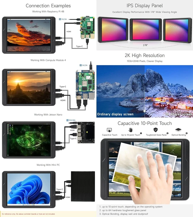 Alt view image 5 of 7 - Waveshare 8inch 1536x2048 LCD Display, 2K HIgh Resolution, Capacitive Touch Screen, IPS, Optical Bonding, High Compatibility for Raspberry Pi, Jetson Nano and PC