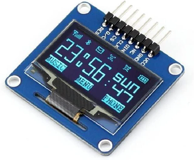 Main image of Waveshare 1.3 Inch OLED Display, SH1106 Driver, SPI/I2C Interface, 128x64 Resolution, Blue, 3.3V/5V Compatible with Raspberry Pi, Arduino, STM32, Jetson Nano - Curved Pinheader