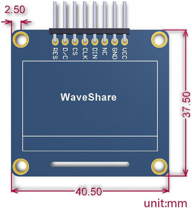 Alt view image 3 of 3 - Waveshare 1.3 Inch OLED Display, SH1106 Driver, SPI/I2C Interface, 128x64 Resolution, Blue, 3.3V/5V Compatible with Raspberry Pi, Arduino, STM32, Jetson Nano - Curved Pinheader
