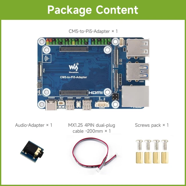 Alt view image 2 of 6 - Waveshare CM5 to Pi 5 Adapter Board, Compatible with Raspberry Pi 5, Onboard Audio Header, Supports Connecting to Microphone