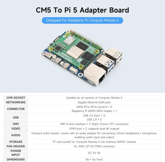 Alt view image 3 of 6 - Waveshare CM5 to Pi 5 Adapter Board, Compatible with Raspberry Pi 5, Onboard Audio Header, Supports Connecting to Microphone