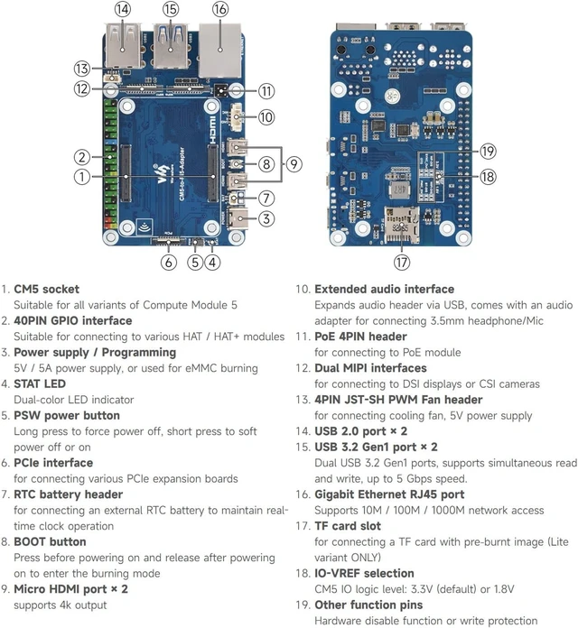 Alt view image 6 of 6 - Waveshare CM5 to Pi 5 Adapter Board, Compatible with Raspberry Pi 5, Onboard Audio Header, Supports Connecting to Microphone