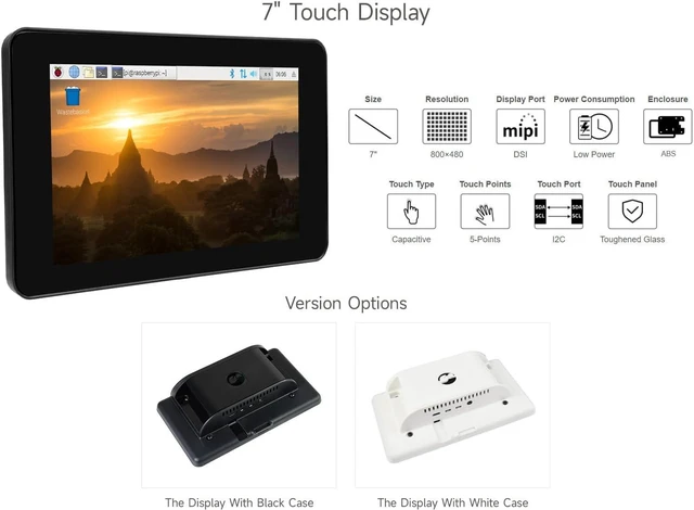 Alt view image 3 of 7 - Waveshare 7inch Capacitive Touch Display, Compatible with Raspberry Pi 4B, with White Protection Case, 800×480, DSI Interface