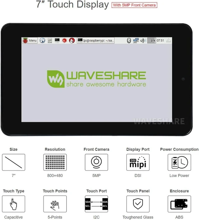 Alt view image 3 of 7 - Waveshare 7inch Capacitive Touch Display, Compatible with Raspberry Pi 4B, with White Protection Case and 5MP Front Camera, 800×480, DSI Interface