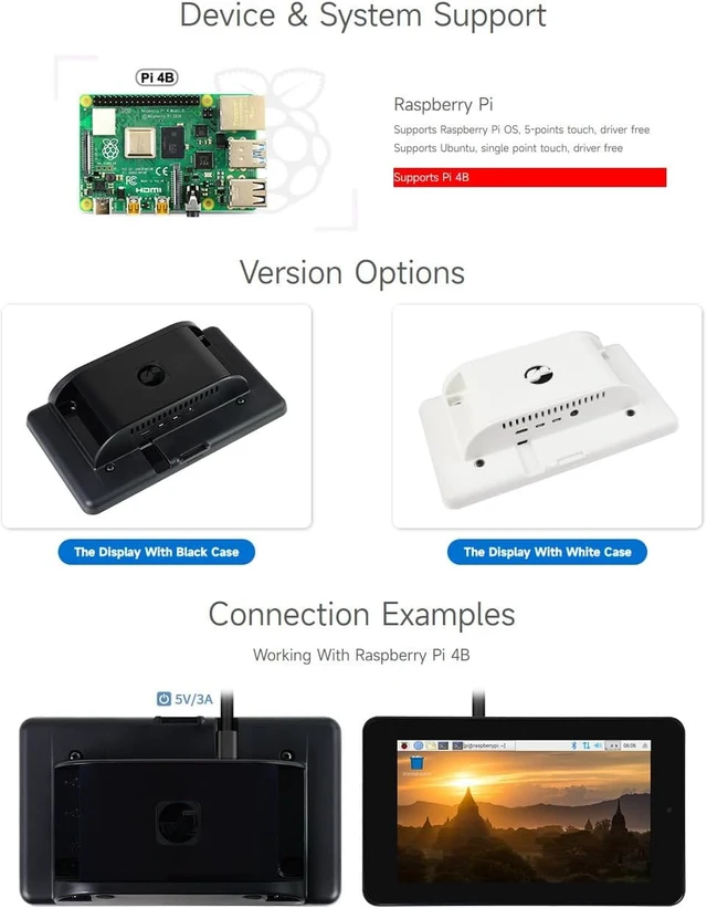 Alt view image 4 of 7 - Waveshare 7inch Capacitive Touch Display, Compatible with Raspberry Pi 4B, with White Protection Case and 5MP Front Camera, 800×480, DSI Interface
