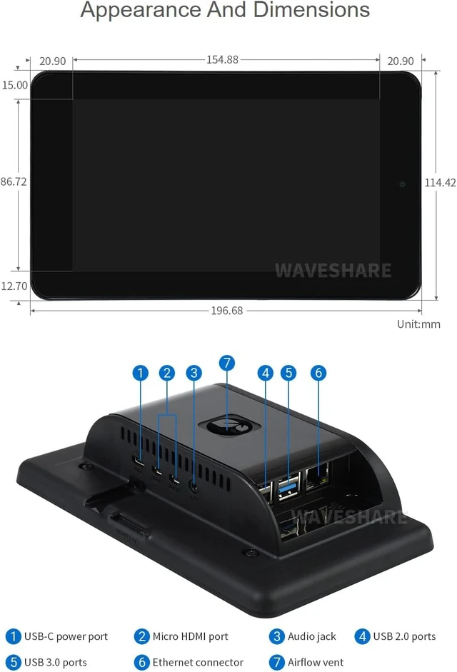 Alt view image 7 of 7 - Waveshare 7inch Capacitive Touch Display, Compatible with Raspberry Pi 4B, with White Protection Case and 5MP Front Camera, 800×480, DSI Interface