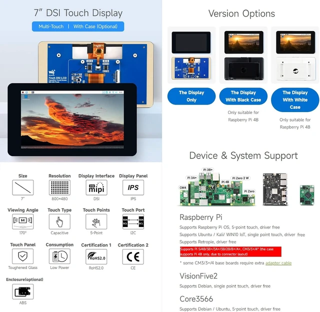 Alt view image 3 of 7 - Waveshare 7inch Capacitive Touch Display, Compatible with Raspberry Pi 5/4B/3B/Zero/Zero W/Zero 2W/Pico/Pico W/Pico WH, DSI Interface, IPS Screen, 800×480, 5-Point Touch, with White Case