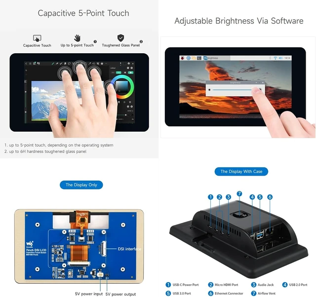 Alt view image 5 of 7 - Waveshare 7inch Capacitive Touch Display, Compatible with Raspberry Pi 5/4B/3B/Zero/Zero W/Zero 2W/Pico/Pico W/Pico WH, DSI Interface, IPS Screen, 800×480, 5-Point Touch, with White Case