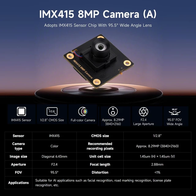 Alt view image 2 of 4 - waveshare IMX415 8MP Camera Module (A), Compatible with Raspberry Pi 5/4B+/3B+/3B/Zero Series/Zero 2W, with High SNR, Good Low Light Performance