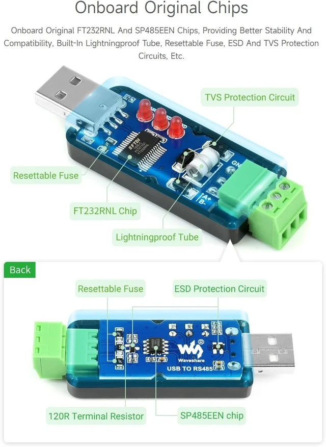 Alt view image 6 of 7 - waveshare 5PCS Industrial USB to RS485 Converter with Original FT232RL and SP485EEN Embedded Protection Circuits for Industrial Control Equipments and/or Applications