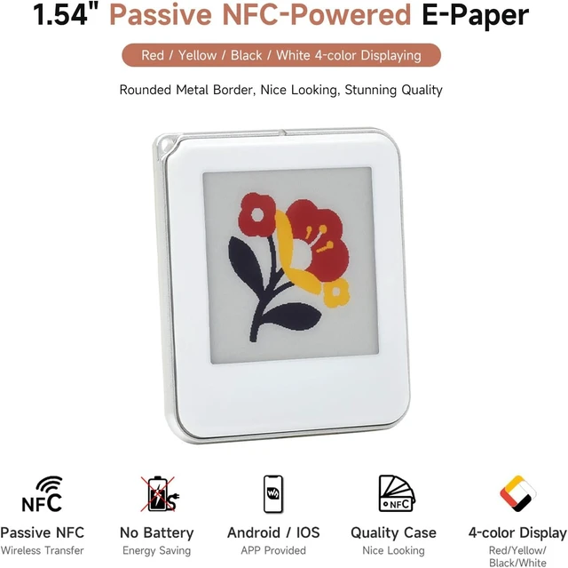 Alt view image 3 of 6 - waveshare 1.54inch Color NFC E-Ink Display with Red, Yellow, Black, and White, 4 Colors, Battery-Free, Wireless Power & Image Refresh, Silver Border