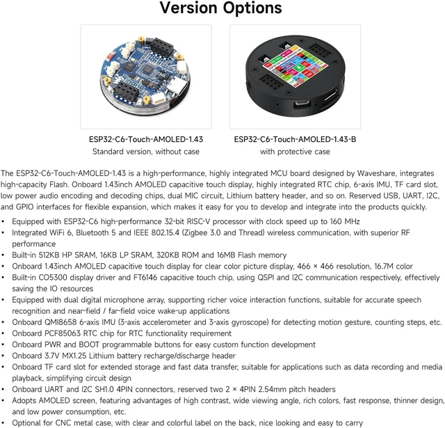 Alt view image 4 of 7 - Waveshare ESP32-C6 1.43inch AMOLED Touch Round Display Development Board, 466×466 Pixels, 160MHz RISC-V Processor, QSPI Interface, Dual Digital Microphone Array, No Enclosure