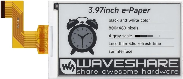 Main image of Waveshare 3.97inch E-Paper Display, E-Ink Display, 800 × 480 Pixels, Black/White, 4 Grey Scales, SPI Interface, Driver Board Not Included