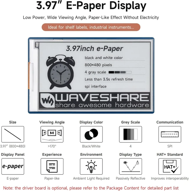 Alt view image 3 of 7 - Waveshare 3.97inch E-Paper Display, E-Ink Display, 800 × 480 Pixels, Black/White, 4 Grey Scales, SPI Interface, Driver Board Not Included