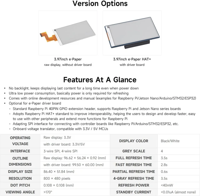 Alt view image 4 of 7 - Waveshare 3.97inch E-Paper Display, E-Ink Display, 800 × 480 Pixels, Black/White, 4 Grey Scales, SPI Interface, Driver Board Not Included