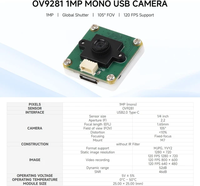 Alt view image 3 of 5 - waveshare OV9281 1MP Mono USB Camera (A), Supports 120FPS High Frame Rate Recording, Global Shutter for Clearer Imaging