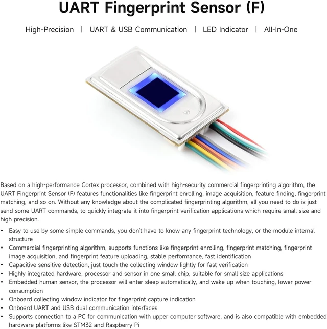 Alt view image 3 of 5 - Waveshare Rectangle-Shaped All-in-One Capacitive Fingerprint Sensor (F), Cortex Processor, UART and USB Communication, Compact Size