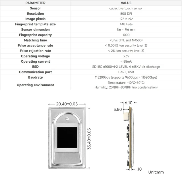 Alt view image 4 of 5 - Waveshare Rectangle-Shaped All-in-One Capacitive Fingerprint Sensor (F), Cortex Processor, UART and USB Communication, Compact Size