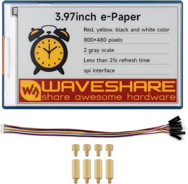 Main image of Waveshare 3.97inch E-Paper Display HAT+, E-Ink Display, 800 × 480 Pixels, Red/Yellow/Black/White, SPI Interface, Standard Raspberry Pi 40PIN GPIO Header, with Driver Board