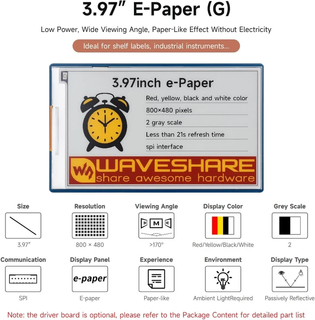 Alt view image 3 of 7 - Waveshare 3.97inch E-Paper Display, E-Ink Display, 800 × 480 Pixels, Red/Yellow/Black/White, SPI Interface, Standard Raspberry Pi 40PIN GPIO Header, Raw Display, Without Driver Board