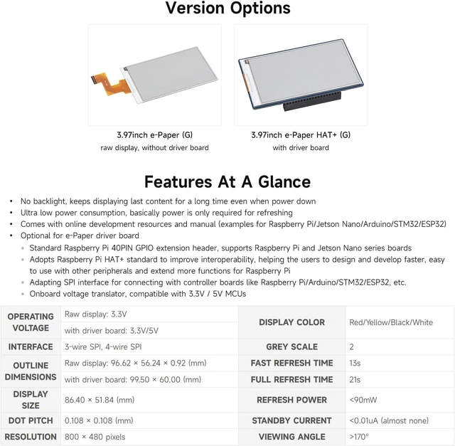 Alt view image 4 of 7 - Waveshare 3.97inch E-Paper Display, E-Ink Display, 800 × 480 Pixels, Red/Yellow/Black/White, SPI Interface, Standard Raspberry Pi 40PIN GPIO Header, Raw Display, Without Driver Board