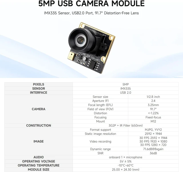 Alt view image 3 of 5 - Waveshare IMX335 5MP USB Camera with 2K Video Recording, Enhanced Low-Light Sensitivity, Wide Dynamic Range, and Distortion-Free Imaging