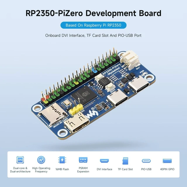 Alt view image 3 of 6 - Waveshare RP2350-PiZero Development Board, Based on Raspberry Pi RP2350 Dual-core Microcontroller, 520KB Static Random, 16MB Onboard Flash, Compatible with Raspberry Pi 40PIN GPIO Header.
