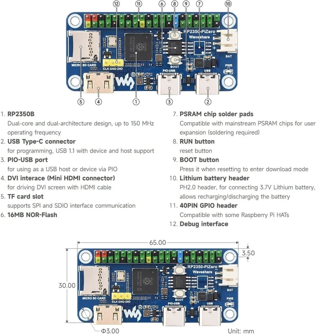 Alt view image 6 of 6 - Waveshare RP2350-PiZero Development Board, Based on Raspberry Pi RP2350 Dual-core Microcontroller, 520KB Static Random, 16MB Onboard Flash, Compatible with Raspberry Pi 40PIN GPIO Header.