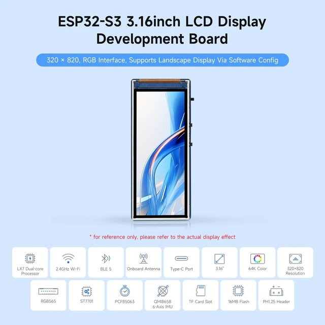 Alt view image 3 of 7 - Waveshare ESP32-S3 3.16inch Display Development Board, 320×820 Pixels, 262K Color, 32-bit LX7 Dual-core Processor, Up to 240MHz Frequency, WiFi & Bluetooth 5, Accelerometer and Gyroscope Sensor