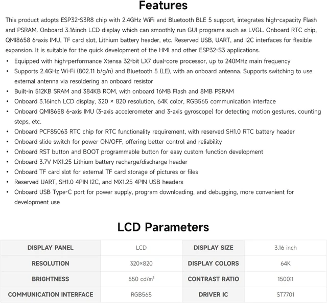 Alt view image 4 of 7 - Waveshare ESP32-S3 3.16inch Display Development Board, 320×820 Pixels, 262K Color, 32-bit LX7 Dual-core Processor, Up to 240MHz Frequency, WiFi & Bluetooth 5, Accelerometer and Gyroscope Sensor